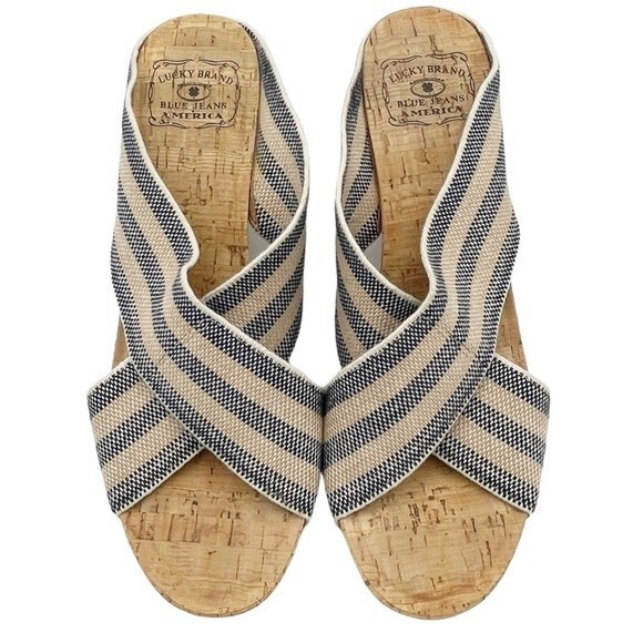 Lucky Brand Miller II Cross Strap Cork Wedge Blue Cream Stripe Women’s Size 9.5 - Picture 3 of 16